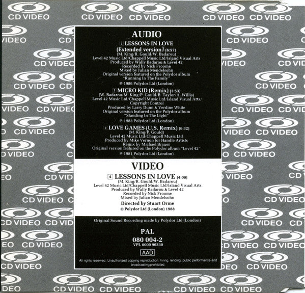 Level 42 : Lessons In Love (CDV, 5", Single, PAL)
