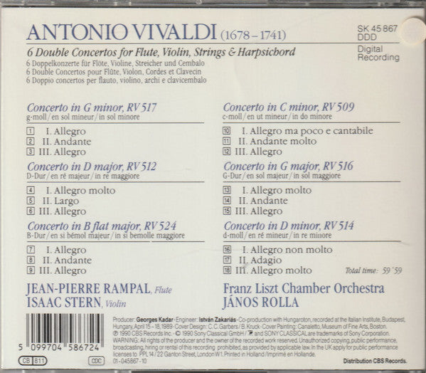 Antonio Vivaldi : Isaac Stern, Jean-Pierre Rampal, Liszt Ferenc Chamber Orchestra - János Rolla : 6 Double Concertos For Flute, Strings & Harpsichord (CD, Album)