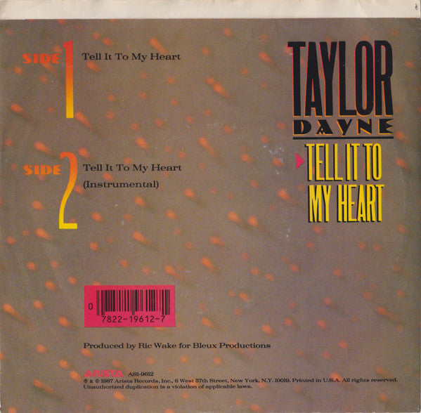 Taylor Dayne : Tell It To My Heart (7", Single, Styrene)