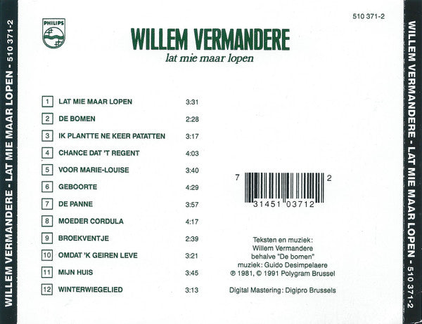 Willem Vermandere : Lat Mie Maar Lopen (CD, Album, RE)