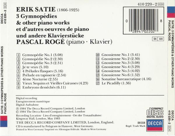 Erik Satie - Pascal Rogé : 3 Gymnopédies & Other Piano Works (CD, Album, RE)