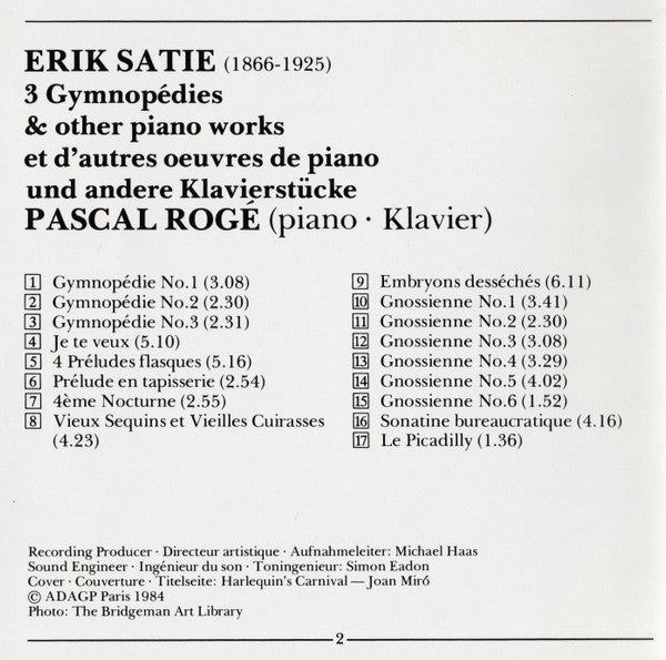 Erik Satie - Pascal Rogé : 3 Gymnopédies & Other Piano Works (CD, Album, RE)