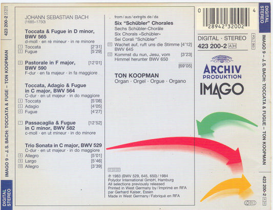 Johann Sebastian Bach, Ton Koopman : Toccata & Fugue (Famous Organ Works = Berühmte Orgelwerke) (CD, Album)