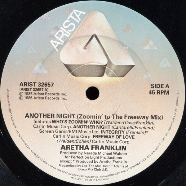 Aretha Franklin : Another Night (Zoomin' To The Freeway 12" Mega-Mix) (12", P/Mixed)