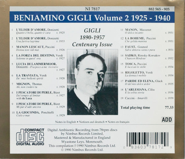 Beniamino Gigli : Gigli, Volume 2 1925-1940 (CD, Comp)