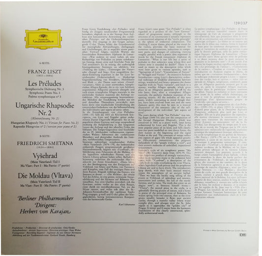 Franz Liszt / Bedřich Smetana - Berliner Philharmoniker, Herbert von Karajan : Les Préludes · Ungarische Rhapsodie Nr. 2 / Vyšehrad · Die Moldau (LP, Album, RE)