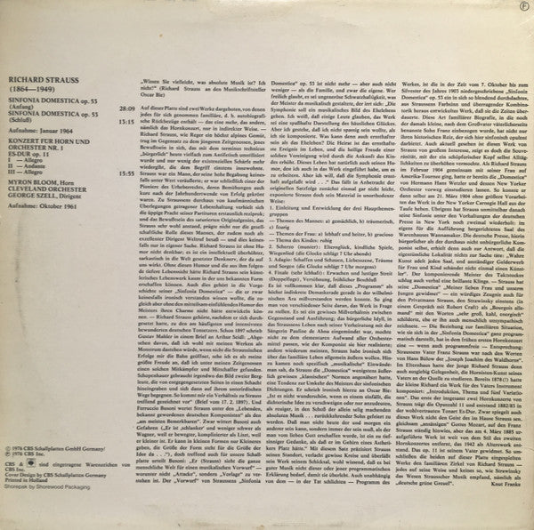 Richard Strauss / George Szell, The Cleveland Orchestra, Myron Bloom : Sinfonia Domestica Op. 53 - Konzert Für Horn Und Orchester Nr. 1 Es-Dur  Op. 11 (LP, Comp, RE)