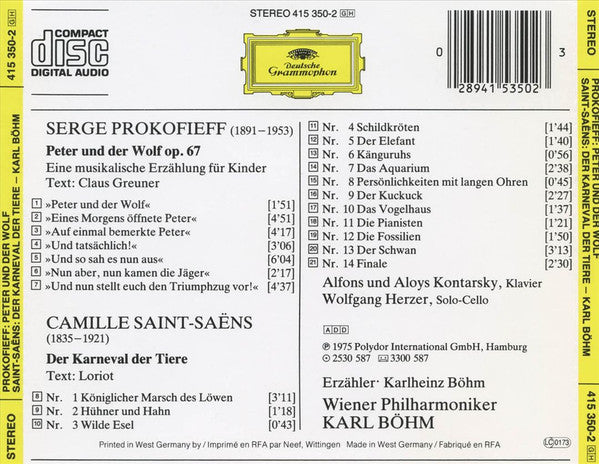 Sergei Prokofiev • Camille Saint-Saëns - Loriot • Karlheinz Böhm • Alfons & Aloys Kontarsky • Wiener Philharmoniker • Karl Böhm : Peter Und Der Wolf / Der Karneval Der Tiere (CD, Album, RE)