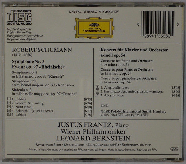 Robert Schumann, Justus Frantz, Wiener Philharmoniker, Leonard Bernstein : Symphonie No. 3 »Rheinische = Rhenish = Rhenane« • Klavierkonzert = Piano Concerto (CD, Album, Pol)