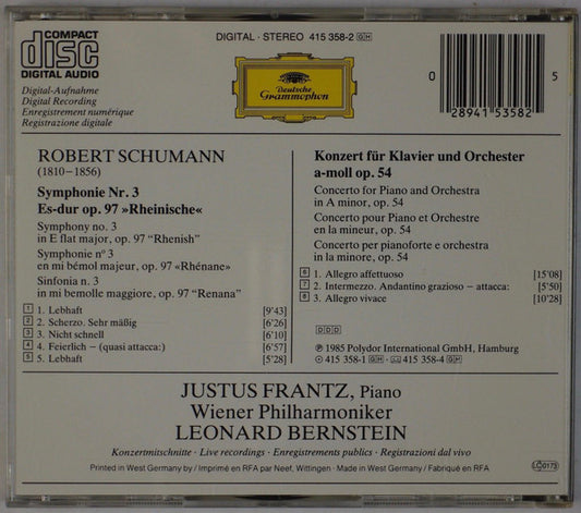 Robert Schumann, Justus Frantz, Wiener Philharmoniker, Leonard Bernstein : Symphonie No. 3 »Rheinische = Rhenish = Rhenane« • Klavierkonzert = Piano Concerto (CD, Album, Pol)