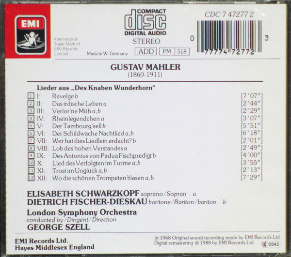 Gustav Mahler - Elisabeth Schwarzkopf, Dietrich Fischer-Dieskau, London Symphony Orchestra, George Szell : Des Knaben Wunderhorn (CD, RE, RM)
