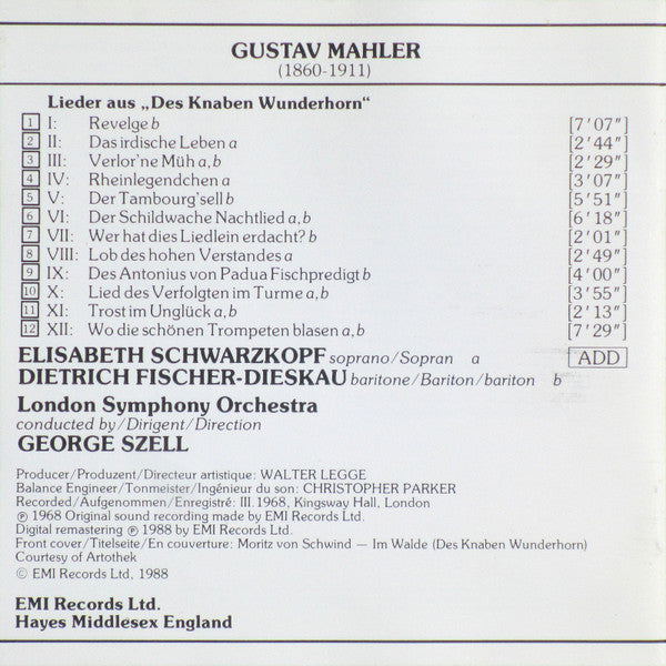 Gustav Mahler - Elisabeth Schwarzkopf, Dietrich Fischer-Dieskau, London Symphony Orchestra, George Szell : Des Knaben Wunderhorn (CD, RE, RM)
