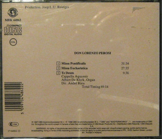 Lorenzo Perosi, Capella Aquensis, Albert De Klerk, André Rieu (2) : Missa Pontificalis - Missa Eucharistica - Te Deum (CD)