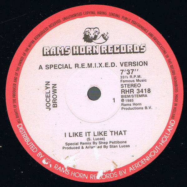 Jocelyn Brown : I Like It Like That (A Special R.E.M.I.X.E.D. Version) (12")