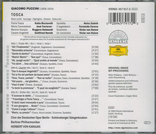 Giacomo Puccini - Katia Ricciarelli •  José Carreras •  Ruggero Raimondi •  Berliner Philharmoniker •  Herbert von Karajan : Tosca (Highlights) (CD, Album, RE, RM)