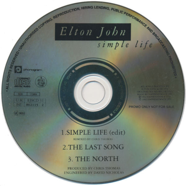 Elton John : Simple Life (CD, Single, Promo)