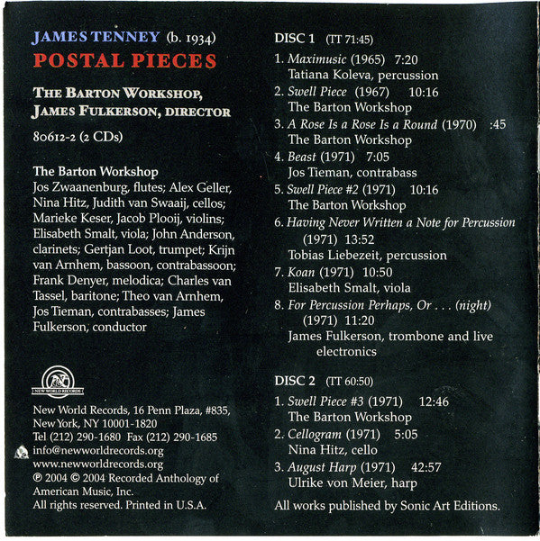 James Tenney - The Barton Workshop / James Fulkerson : Postal Pieces (2xCD)