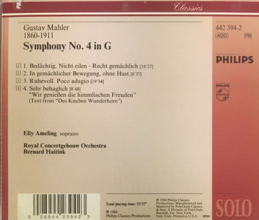 Gustav Mahler - Elly Ameling, Concertgebouworkest, Bernard Haitink : Symphony No. 4 (CD)