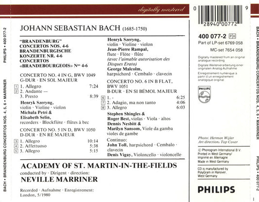 Johann Sebastian Bach · Henryk Szeryng, Jean-Pierre Rampal, Michala Petri, Elisabeth Selin, George Malcolm, The Academy Of St. Martin-in-the-Fields, Sir Neville Marriner : The Brandenburg Concertos Nos. 4, 5, 6 (CD, Album, RE)
