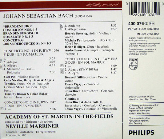 Johann Sebastian Bach – Henryk Szeryng, Heinz Holliger, Carl Pini, Michala Petri, André Bernard, The Academy Of St. Martin-in-the-Fields, Sir Neville Marriner : The Brandenburg Concertos Nos. 1, 2 & 3 = Die Brandenburgischen Konzerte = Les Concertos Brandebourgeois (CD, Album)