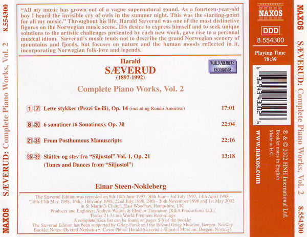 Harald Sæverud, Einar Steen-Nøkleberg : Complete Piano Works, Vol. 2 (CD, Album)