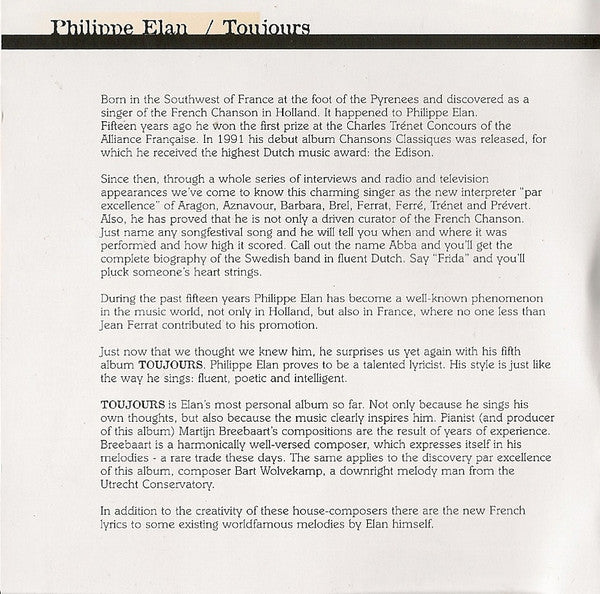 Philippe Elan : Toujours (CD, Album)