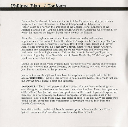 Philippe Elan : Toujours (CD, Album)