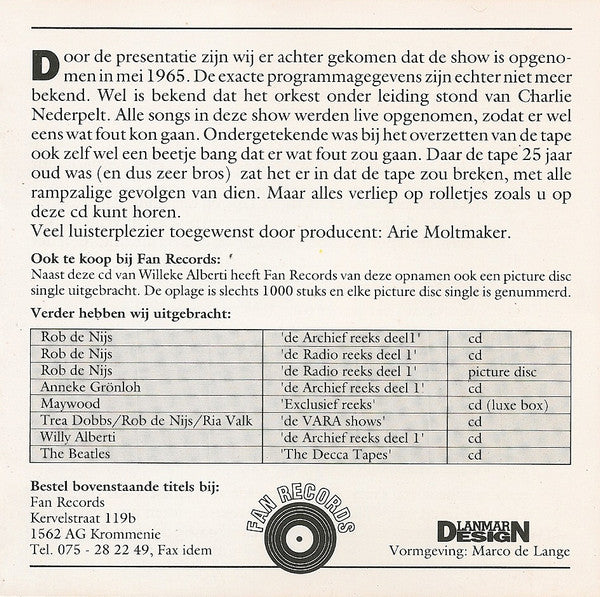 Willeke Alberti : De Vlaggen Reeks Deel 1 (CD, Single)