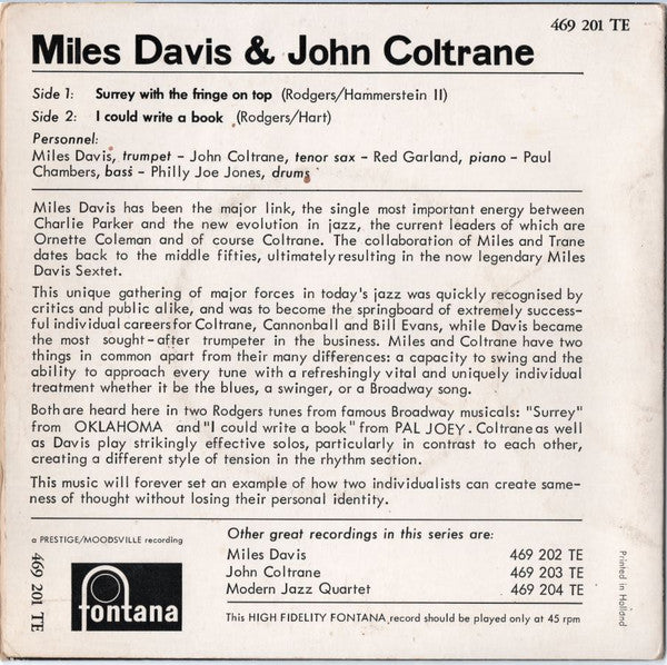 Miles Davis  & John Coltrane : Surrey With The Fringe On Top / If I Could Write A Book  (7", Mono)
