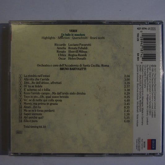 Giuseppe Verdi / Renata Tebaldi • Luciano Pavarotti • Sherrill Milnes • Bruno Bartoletti : Un Ballo In Maschera - Highlights (CD, Album, RE, RM)