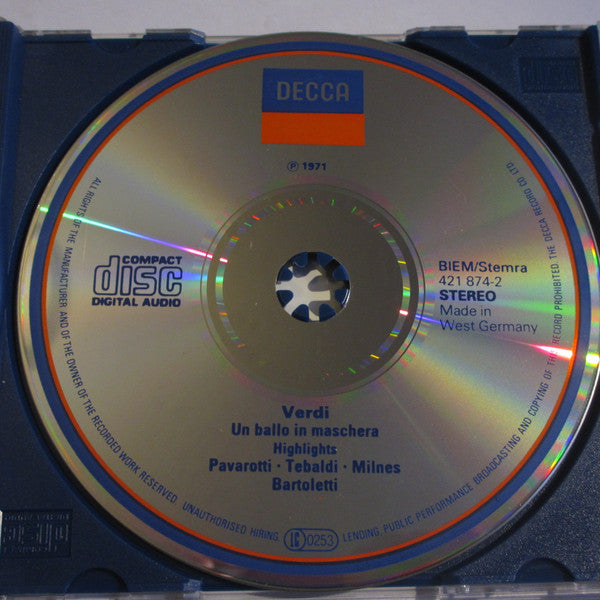 Giuseppe Verdi / Renata Tebaldi • Luciano Pavarotti • Sherrill Milnes • Bruno Bartoletti : Un Ballo In Maschera - Highlights (CD, Album, RE, RM)