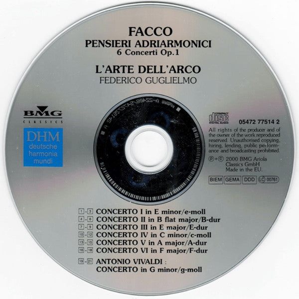Giacomo Facco, L'Arte Dell'Arco, Federico Guglielmo : Giacomo Facco - Pensieri Adriarmonici (CD, Album)