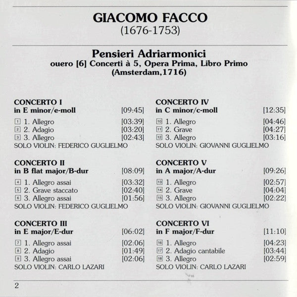 Giacomo Facco, L'Arte Dell'Arco, Federico Guglielmo : Giacomo Facco - Pensieri Adriarmonici (CD, Album)