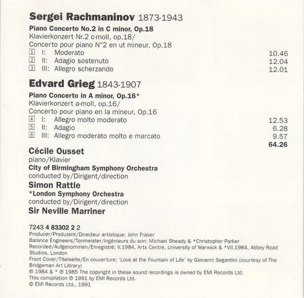 Edvard Grieg, Sergei Vasilyevich Rachmaninoff - Cécile Ousset, London Symphony Orchestra, Sir Neville Marriner, City Of Birmingham Symphony Orchestra, Sir Simon Rattle : Piano Concertos (CD, Comp)