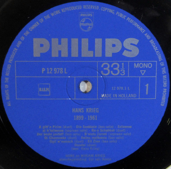 Hans Krieg : Hans Krieg 1899/1961 (LP, Album, Mono)