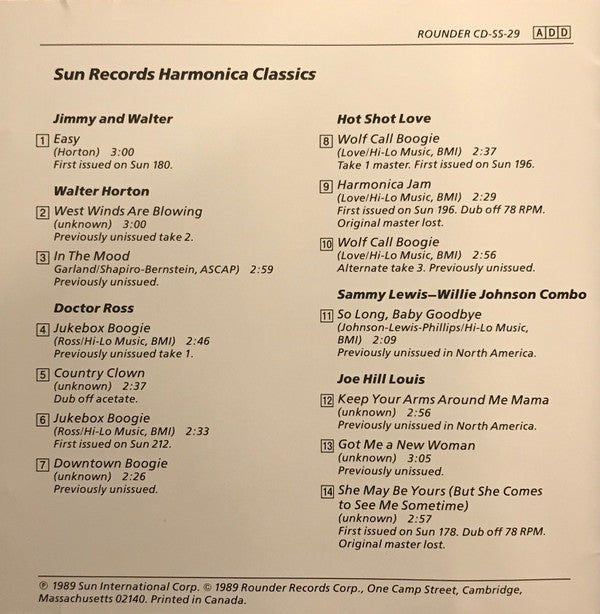 Various : Sun Records Harmonica Classics (CD, Comp, RE)