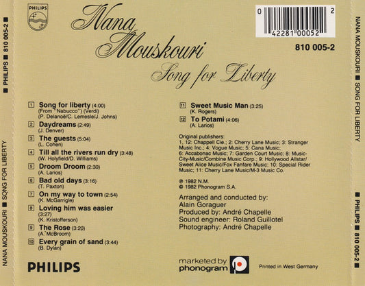 Nana Mouskouri : Song For Liberty (CD, Album, Tur)