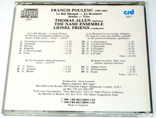 Francis Poulenc, Thomas Allen, The Nash Ensemble, Lionel Friend : Le Bal Masqué - Le Bestiaire - Sextet - Trio (CD, Album)