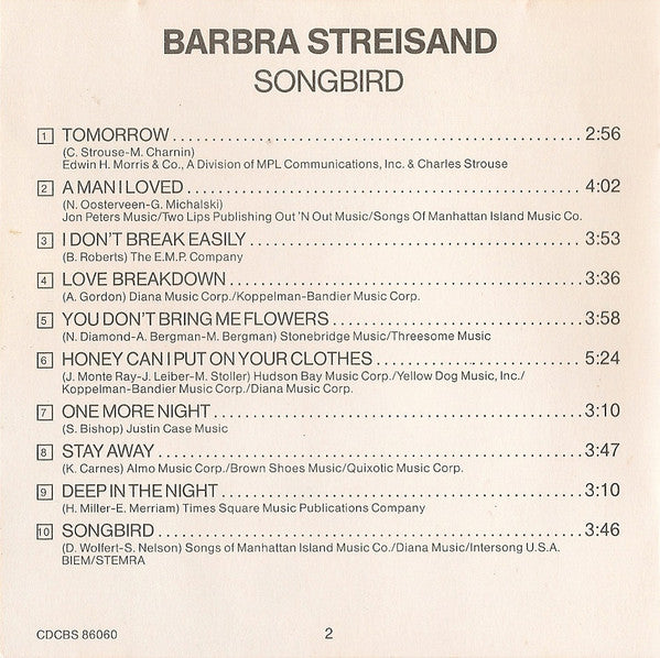 Barbra Streisand : Songbird (CD, Album, RE)