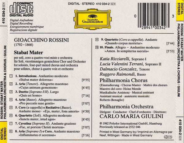 Gioacchino Rossini - Katia Ricciarelli • Lucia Valentini Terrani • Dalmacio Gonzalez • Ruggero Raimondi, Philharmonia Orchestra & Philharmonia Chorus, Carlo Maria Giulini : Stabat Mater (CD)