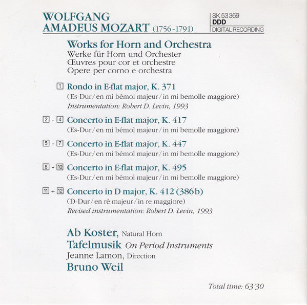 Wolfgang Amadeus Mozart - Ab Koster, Tafelmusik Baroque Orchestra, Bruno Weil : Rondo & Horn Concertos (CD)