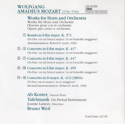 Wolfgang Amadeus Mozart - Ab Koster, Tafelmusik Baroque Orchestra, Bruno Weil : Rondo & Horn Concertos (CD)