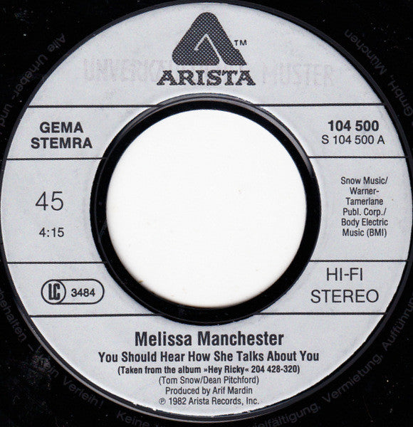 Melissa Manchester : You Should Hear How She Talks About You / Race To The End (7", Single)