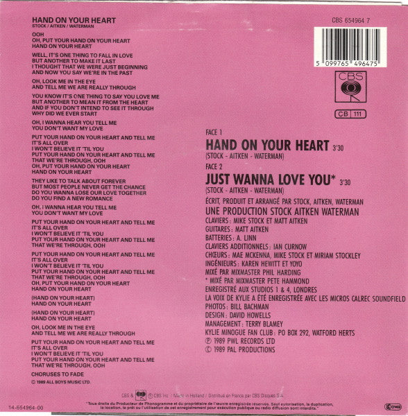 Kylie Minogue : Hand On Your Heart (7", Single)