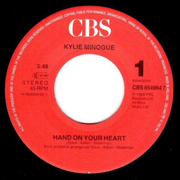 Kylie Minogue : Hand On Your Heart (7", Single)