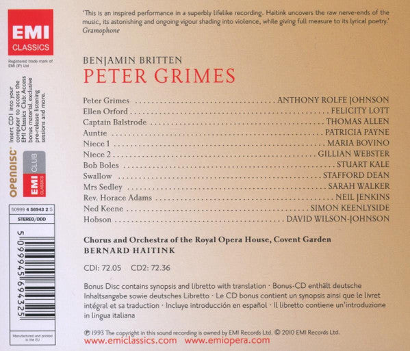 Benjamin Britten - Anthony Rolfe Johnson, Felicity Lott, Thomas Allen, Bernard Haitink : Peter Grimes (2xCD + CD-ROM, Bon)