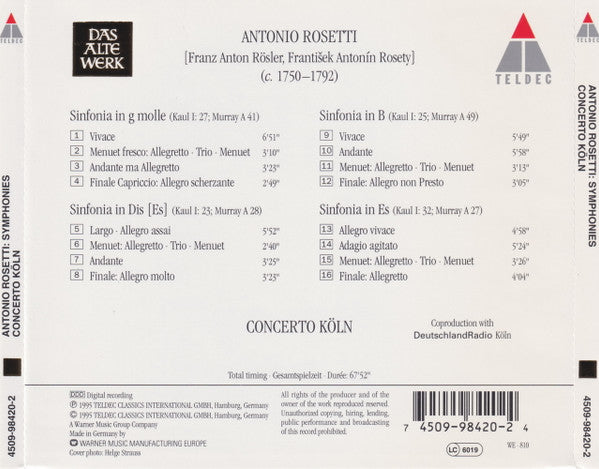 Antonio Rosetti, Concerto Köln : Symphonies (CD)