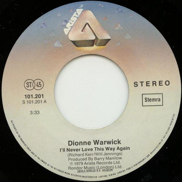 Dionne Warwick : I'll Never Love This Way Again (7", Single)