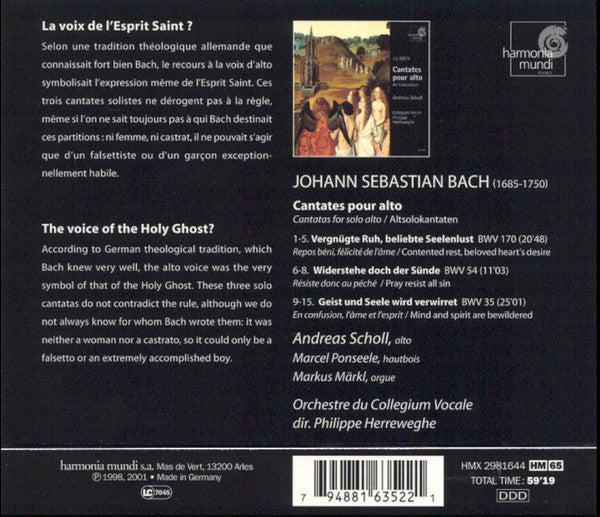 Johann Sebastian Bach, Andreas Scholl, Philippe Herreweghe : Cantates Pour Alto (CD, RE)