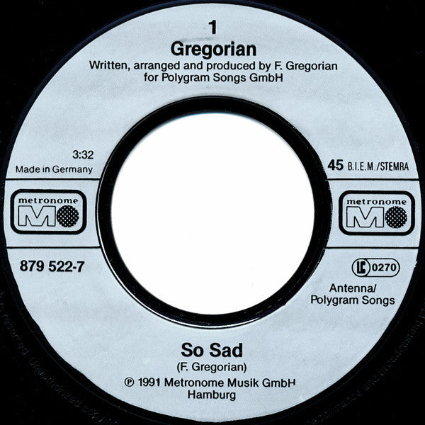 Gregorian (3) : So Sad (7", Single)